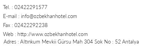 zbekhan Hotel telefon numaralar, faks, e-mail, posta adresi ve iletiim bilgileri